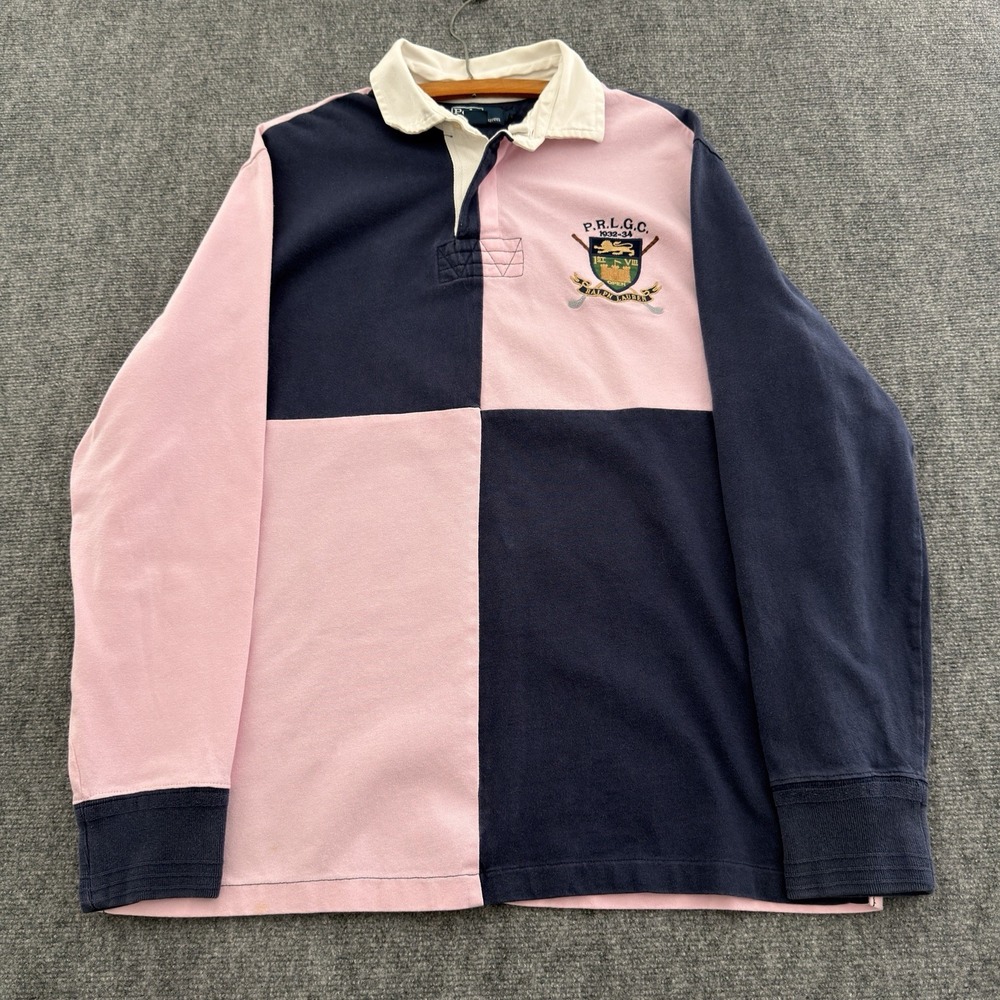 Vintage Polo Ralph Lauren Mens Rugby Shirt Size L Pink Navy Blue Lions Crest 90s